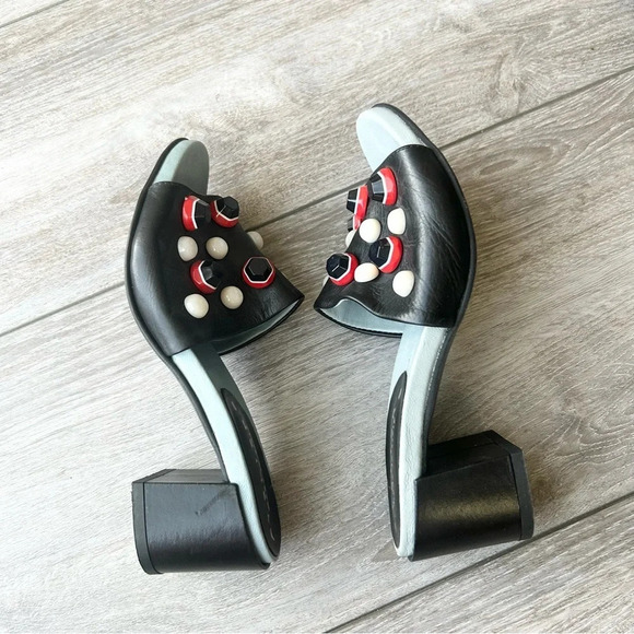 Ateliers Black Leather Studded  Heeled Slide Sandal - Picture 8 of 11